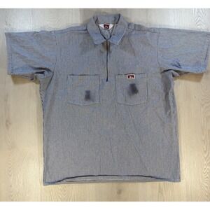 Men's Ben Davis Hickory Stripe Half Zip Work Shirt Blue White Made in USA XL